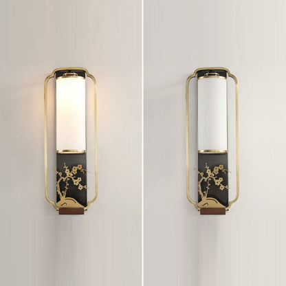 Traditional Chinese Cylinder Rectangle Plum Orchid Bamboo Chrysanthemum Iron Glass 1-Light Wall Sconce Lamp For Living Room