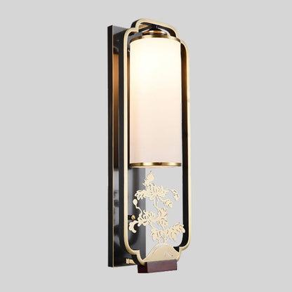 Traditional Chinese Cylinder Rectangle Plum Orchid Bamboo Chrysanthemum Iron Glass 1-Light Wall Sconce Lamp For Living Room