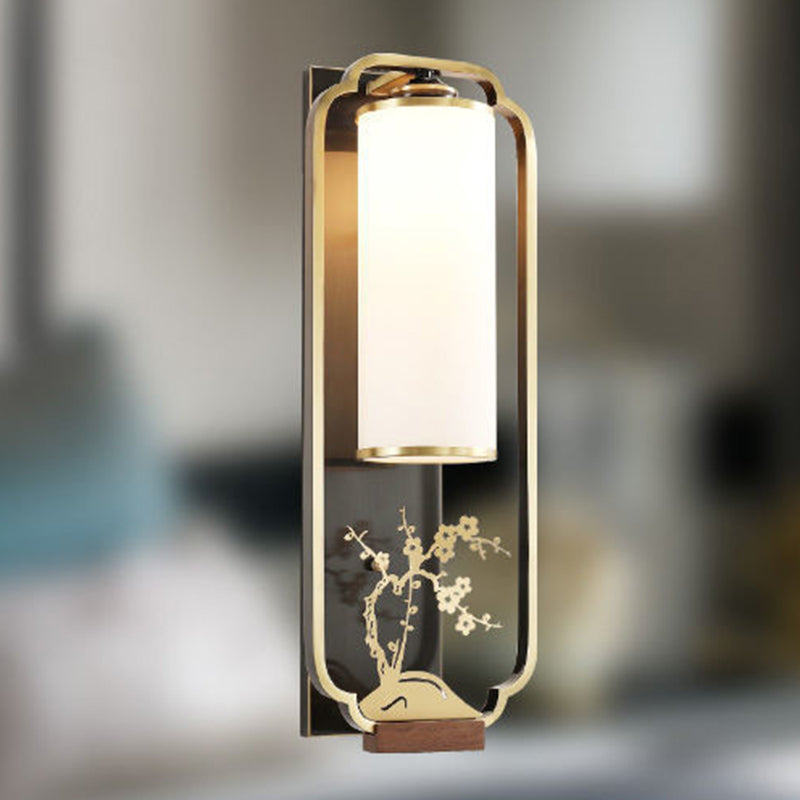 Traditional Chinese Cylinder Rectangle Plum Orchid Bamboo Chrysanthemum Iron Glass 1-Light Wall Sconce Lamp For Living Room