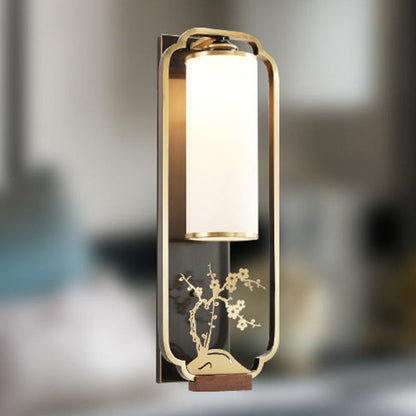 Traditional Chinese Cylinder Rectangle Plum Orchid Bamboo Chrysanthemum Iron Glass 1-Light Wall Sconce Lamp For Living Room