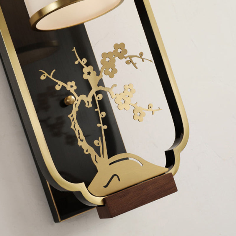 Traditional Chinese Cylinder Rectangle Plum Orchid Bamboo Chrysanthemum Iron Glass 1-Light Wall Sconce Lamp For Living Room