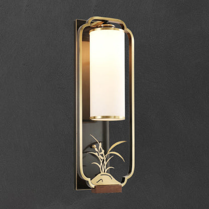 Traditional Chinese Cylinder Rectangle Plum Orchid Bamboo Chrysanthemum Iron Glass 1-Light Wall Sconce Lamp For Living Room