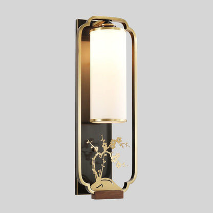 Traditional Chinese Cylinder Rectangle Plum Orchid Bamboo Chrysanthemum Iron Glass 1-Light Wall Sconce Lamp For Living Room