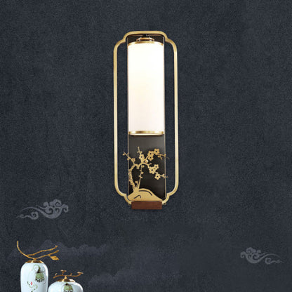 Traditional Chinese Cylinder Rectangle Plum Orchid Bamboo Chrysanthemum Iron Glass 1-Light Wall Sconce Lamp For Living Room