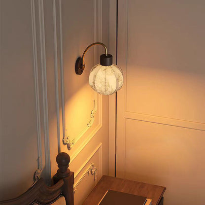 Traditional Vintage Spherical Cylinder Flower Pattern Iron Wooden Fabric 1-Light Wall Sconce Lamp For Bedroom