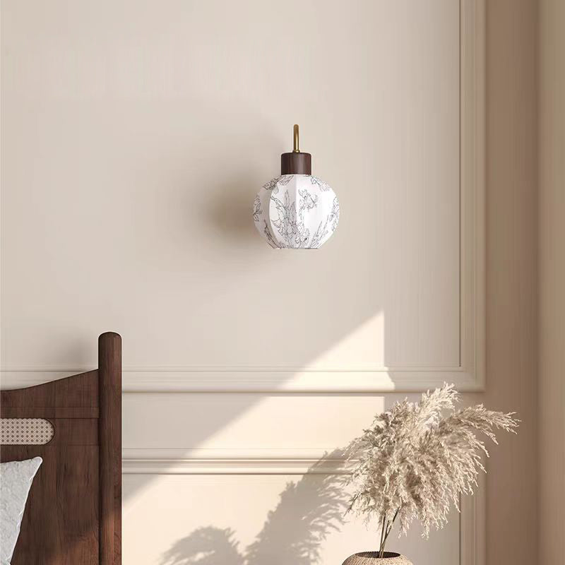 Traditional Vintage Spherical Cylinder Flower Pattern Iron Wooden Fabric 1-Light Wall Sconce Lamp For Bedroom