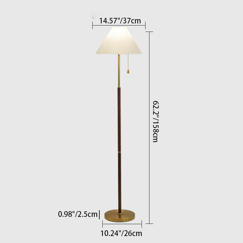 Traditional Vintage Round Table Pleated Iron Wood Fabric 1-Light Standing Floor Lamp For Living Room