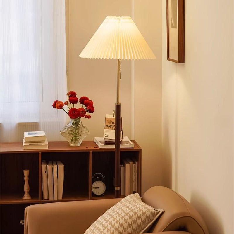 Traditional Vintage Round Table Pleated Iron Wood Fabric 1-Light Standing Floor Lamp For Living Room