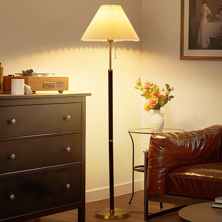 Traditional Vintage Round Table Pleated Iron Wood Fabric 1-Light Standing Floor Lamp For Living Room