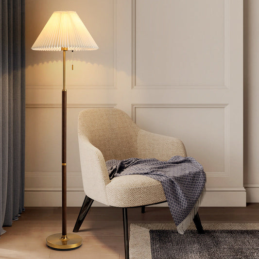 Traditional Vintage Round Table Pleated Iron Wood Fabric 1-Light Standing Floor Lamp For Living Room
