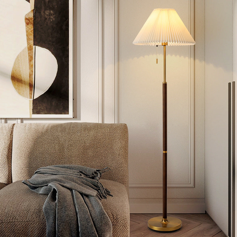 Traditional Vintage Round Table Pleated Iron Wood Fabric 1-Light Standing Floor Lamp For Living Room