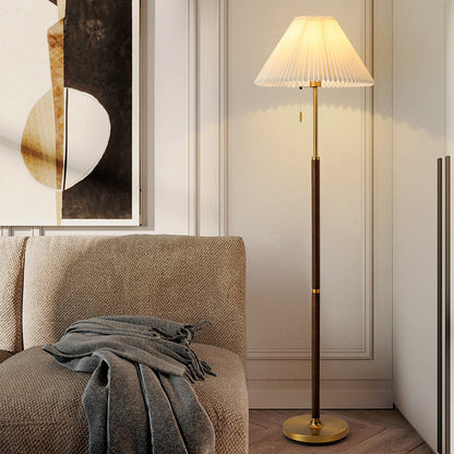 Traditional Vintage Round Table Pleated Iron Wood Fabric 1-Light Standing Floor Lamp For Living Room