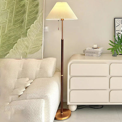 Traditional Vintage Round Table Pleated Iron Wood Fabric 1-Light Standing Floor Lamp For Living Room