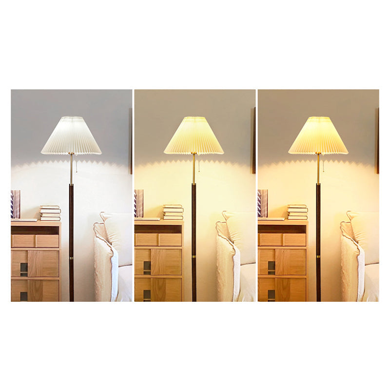 Traditional Vintage Round Table Pleated Iron Wood Fabric 1-Light Standing Floor Lamp For Living Room