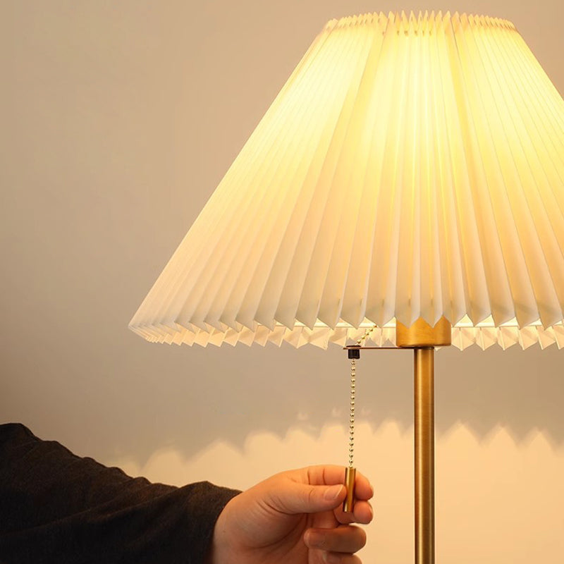 Traditional Vintage Round Table Pleated Iron Wood Fabric 1-Light Standing Floor Lamp For Living Room