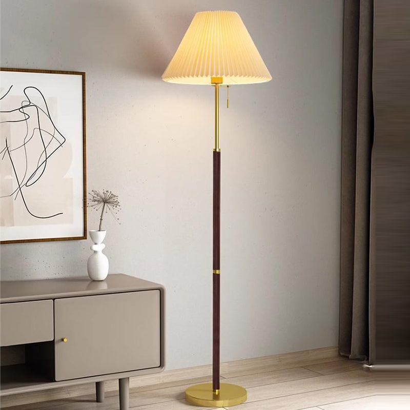 Traditional Vintage Round Table Pleated Iron Wood Fabric 1-Light Standing Floor Lamp For Living Room