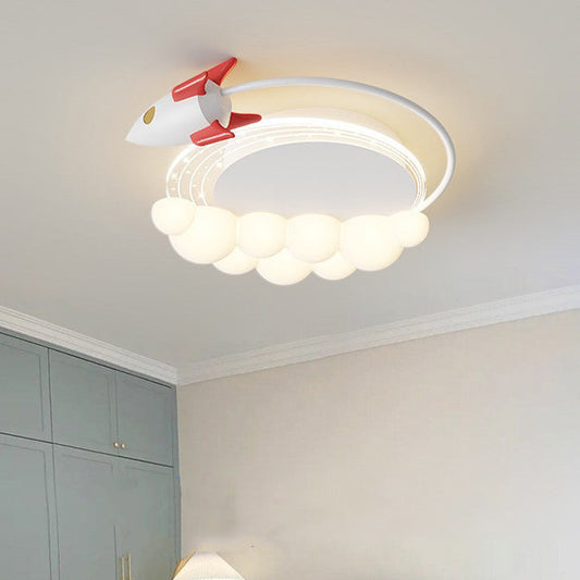 Contemporary Creative Cartoon Kids Rocket Arc Cloud Iron Resin LED Flush Mount Ceiling Light For Bedroom