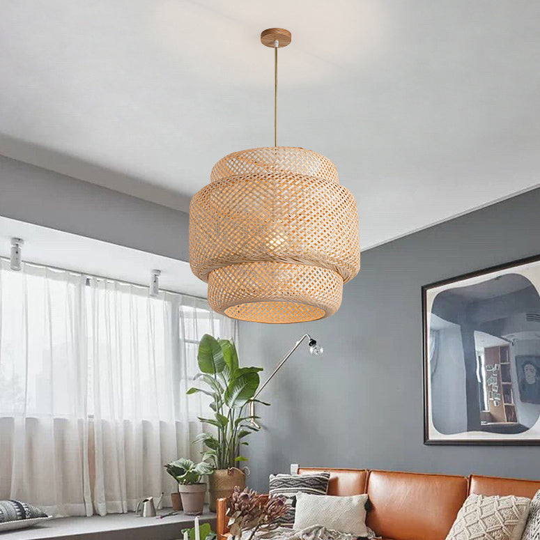 Contemporary Scandinavian Cylinder Reticulated Bamboo 1-Light Pendant ...