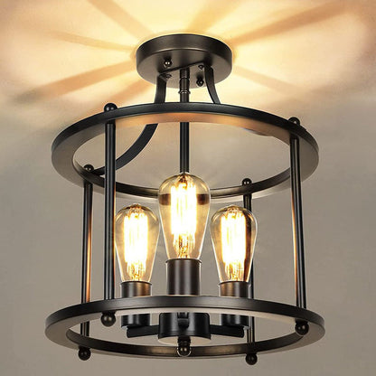 Traditional Vintage Ring Iron 3-Light Semi-Flush Mount Ceiling Light For Living Room