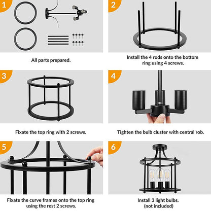 Traditional Vintage Ring Iron 3-Light Semi-Flush Mount Ceiling Light For Living Room