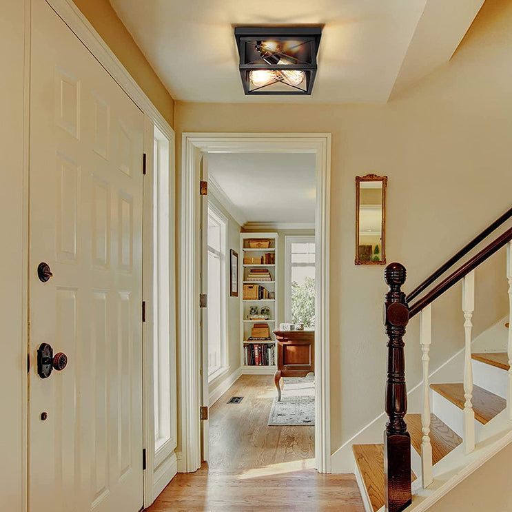Traditional Vintage Square Rectangular Iron 2-Light Flush Mount Ceiling Light For Living Room