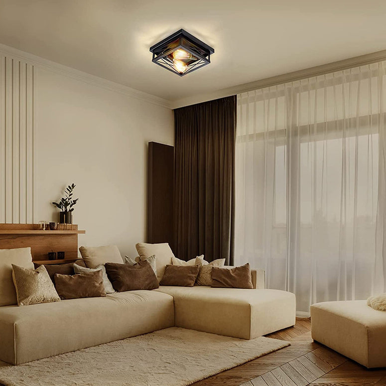 Traditional Vintage Square Rectangular Iron 2-Light Flush Mount Ceiling Light For Living Room
