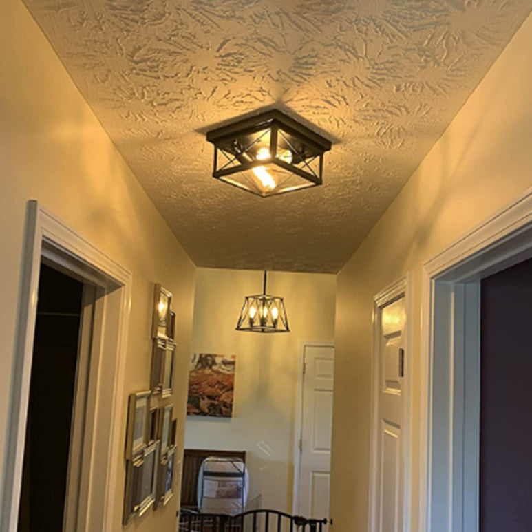 Traditional Vintage Square Rectangular Iron 2-Light Flush Mount Ceiling Light For Living Room