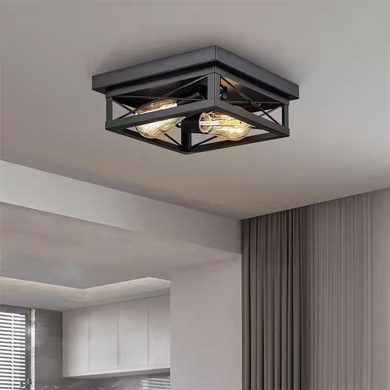 Traditional Vintage Square Rectangular Iron 2-Light Flush Mount Ceiling Light For Living Room