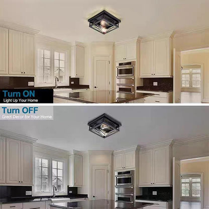 Traditional Vintage Square Rectangular Iron 2-Light Flush Mount Ceiling Light For Living Room