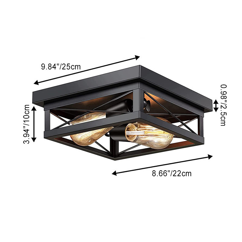 Traditional Vintage Square Rectangular Iron 2-Light Flush Mount Ceiling Light For Living Room