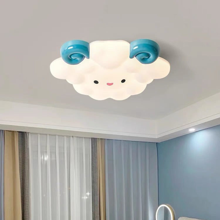Contemporary Creative Cartoon Kids Sheep Iron Rolled Plastic LED Flush Mount Ceiling Light For Bedroom