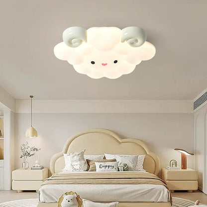 Contemporary Creative Cartoon Kids Sheep Iron Rolled Plastic LED Flush Mount Ceiling Light For Bedroom