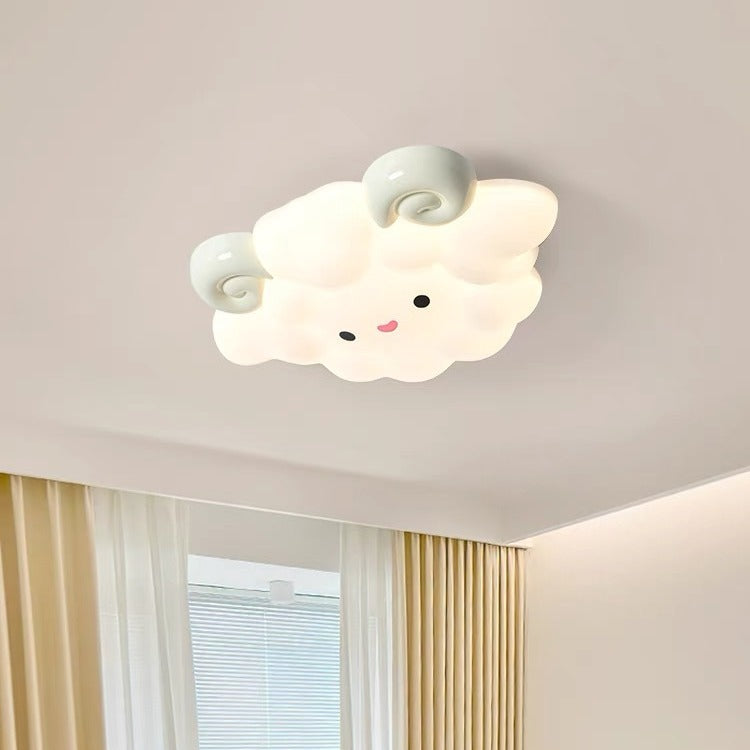 Contemporary Creative Cartoon Kids Sheep Iron Rolled Plastic LED Flush Mount Ceiling Light For Bedroom