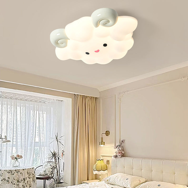 Contemporary Creative Cartoon Kids Sheep Iron Rolled Plastic LED Flush Mount Ceiling Light For Bedroom