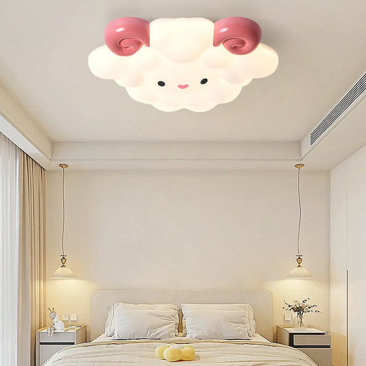 Contemporary Creative Cartoon Kids Sheep Iron Rolled Plastic LED Flush Mount Ceiling Light For Bedroom