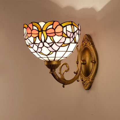 Traditional Tiffany Semicircle Lotus Iron Glass 1-Light Wall Sconce Lamp For Bedroom
