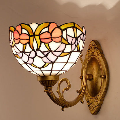 Traditional Tiffany Semicircle Lotus Iron Glass 1-Light Wall Sconce Lamp For Bedroom
