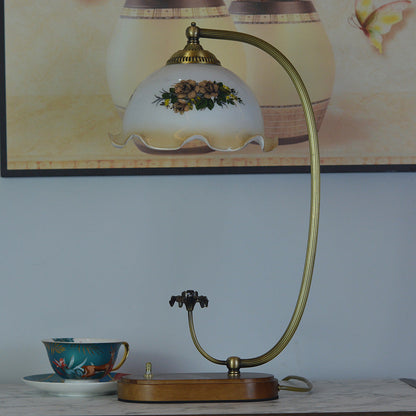 Traditional Chinese Half Round Arc Oval Base Copper Wood Glass 1-Light Table Lamp For Bedroom
