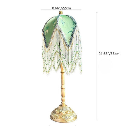 Traditional Vintage Half Round Tassel Bamboo Leaf Pattern Iron Fabric 1-Light Table Lamp For Bedroom