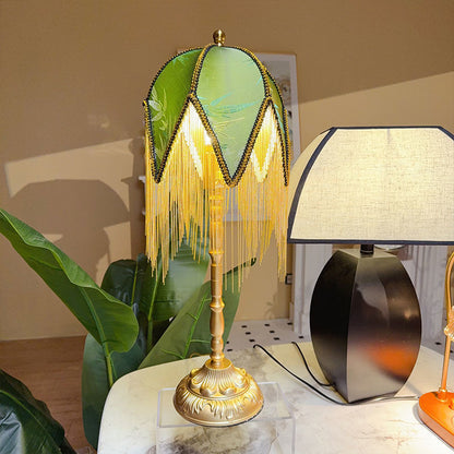 Traditional Vintage Half Round Tassel Bamboo Leaf Pattern Iron Fabric 1-Light Table Lamp For Bedroom