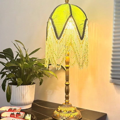 Traditional Vintage Half Round Tassel Bamboo Leaf Pattern Iron Fabric 1-Light Table Lamp For Bedroom