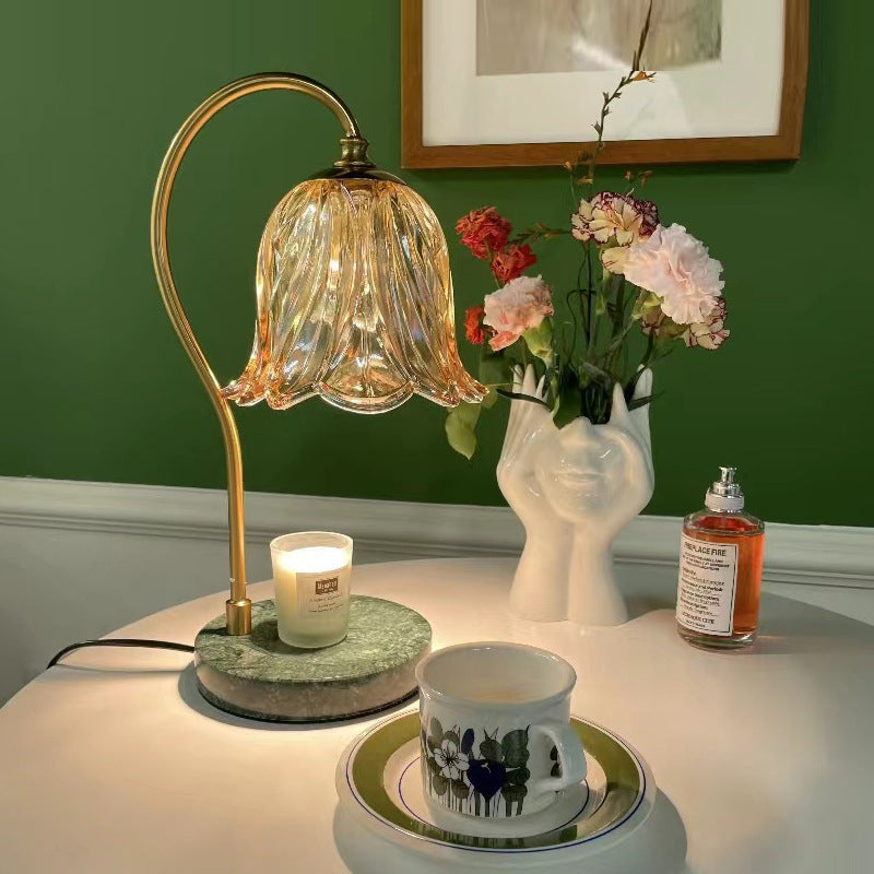 Contemporary Scandinavian Bellflower Disc Base Marble Iron Glass 1-Light Melting Wax Table Lamp For Bedroom