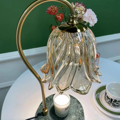 Contemporary Scandinavian Bellflower Disc Base Marble Iron Glass 1-Light Melting Wax Table Lamp For Bedroom
