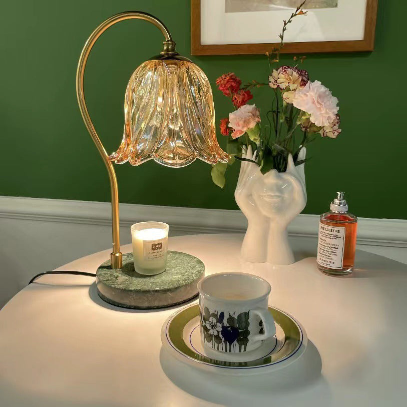 Contemporary Scandinavian Bellflower Disc Base Marble Iron Glass 1-Light Melting Wax Table Lamp For Bedroom