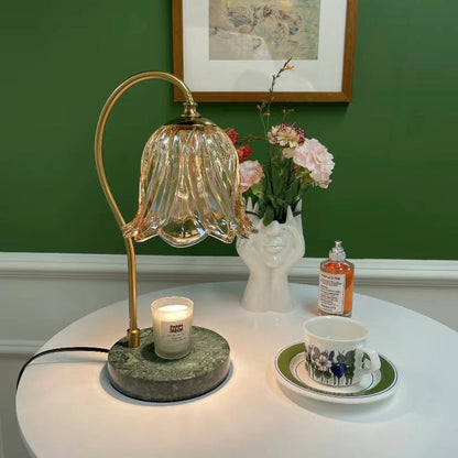 Contemporary Scandinavian Bellflower Disc Base Marble Iron Glass 1-Light Melting Wax Table Lamp For Bedroom
