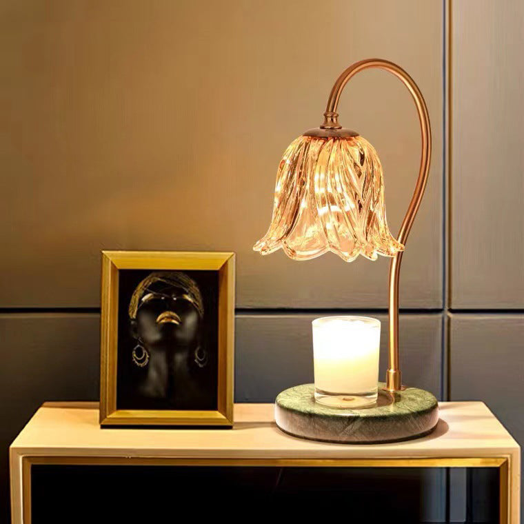 Contemporary Scandinavian Bellflower Disc Base Marble Iron Glass 1-Light Melting Wax Table Lamp For Bedroom