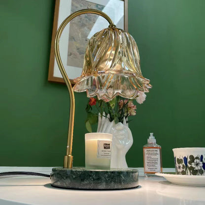 Contemporary Scandinavian Bellflower Disc Base Marble Iron Glass 1-Light Melting Wax Table Lamp For Bedroom