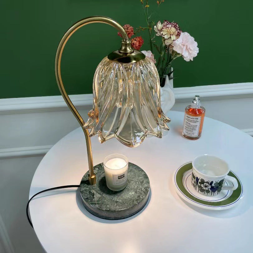 Contemporary Scandinavian Bellflower Disc Base Marble Iron Glass 1-Light Melting Wax Table Lamp For Bedroom