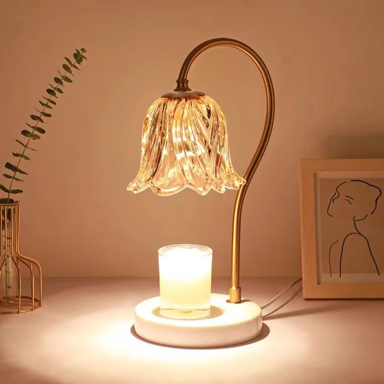 Contemporary Scandinavian Bellflower Disc Base Marble Iron Glass 1-Light Melting Wax Table Lamp For Bedroom