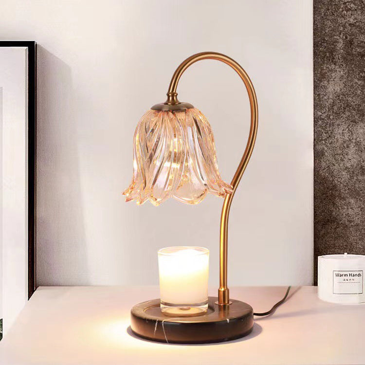 Contemporary Scandinavian Bellflower Disc Base Marble Iron Glass 1-Light Melting Wax Table Lamp For Bedroom